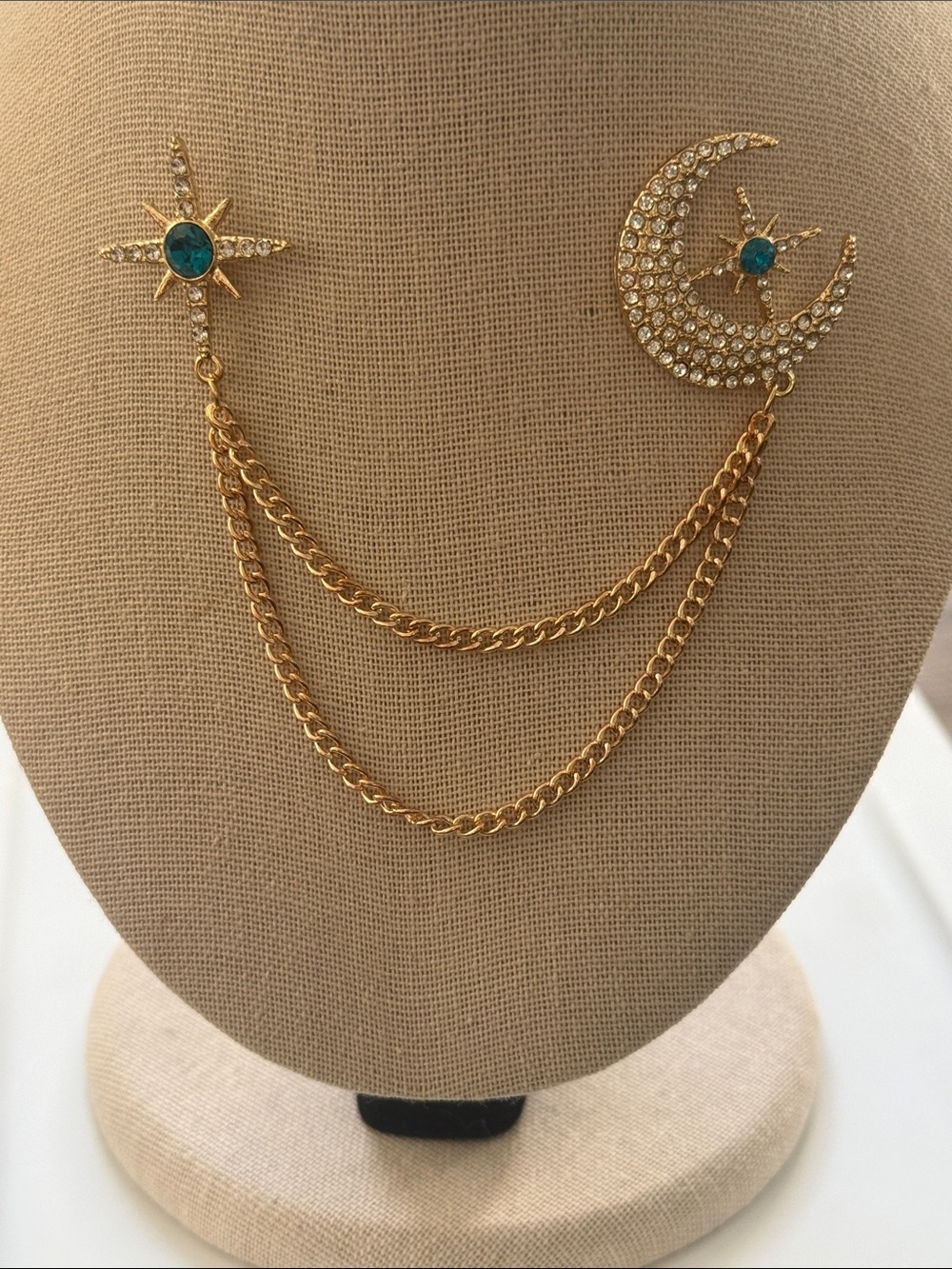 Gold Moon & Star Chain Brooch with Teal Accents - Women's Jewelry